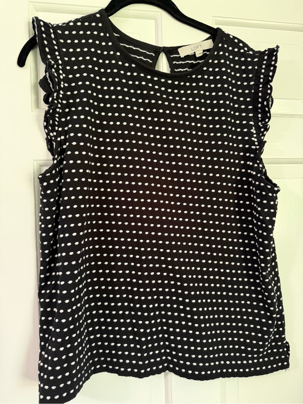 LOFT Black and White Polka Dot Ruffle Sleeve Shell Top